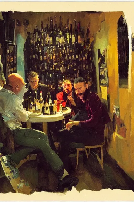 Prompt: punk rockers drinking brutal and raw wine, inside a tiny green room with red lights by joaquin sorolla, greg rutkowski, bill sienckiwicz, extremely detailed