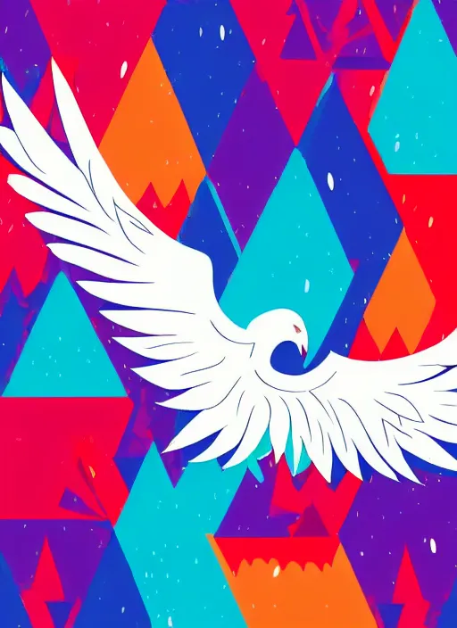 Image similar to white phoenix on colourful realistic salt mountain simple background simplified design geometric graphic design flying phoenix in the deep clouds thick