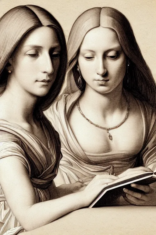 Image similar to portrait of two wise and very beautiful women reviewing some texts, art by tiziano, intricate, elegant, highly detailed, smooth, sharp focus, artstation