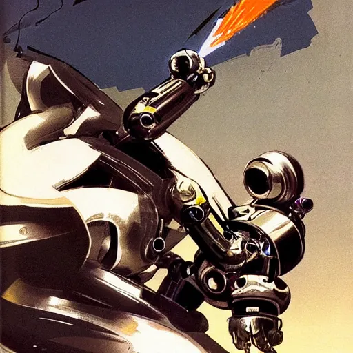 Image similar to beautiful robot destroying himself because of explosion. concept art for sci fi robots movie. by syd mead, 1 9 7 4