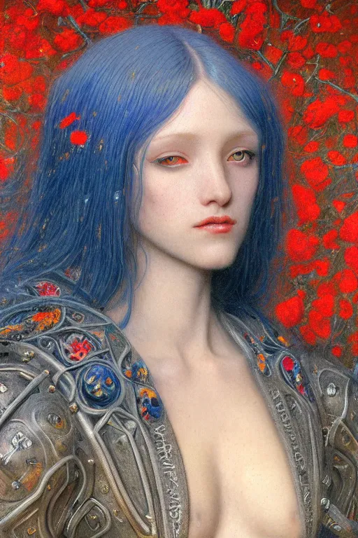 Image similar to portrait of beautiful young mainem, warhammer, russian style, cyber armor with scars, a lot of more scars, more and more flowers, blue head, the middle ages, highly detailed, artstation, illustration, art by jean delville, 8 k quality