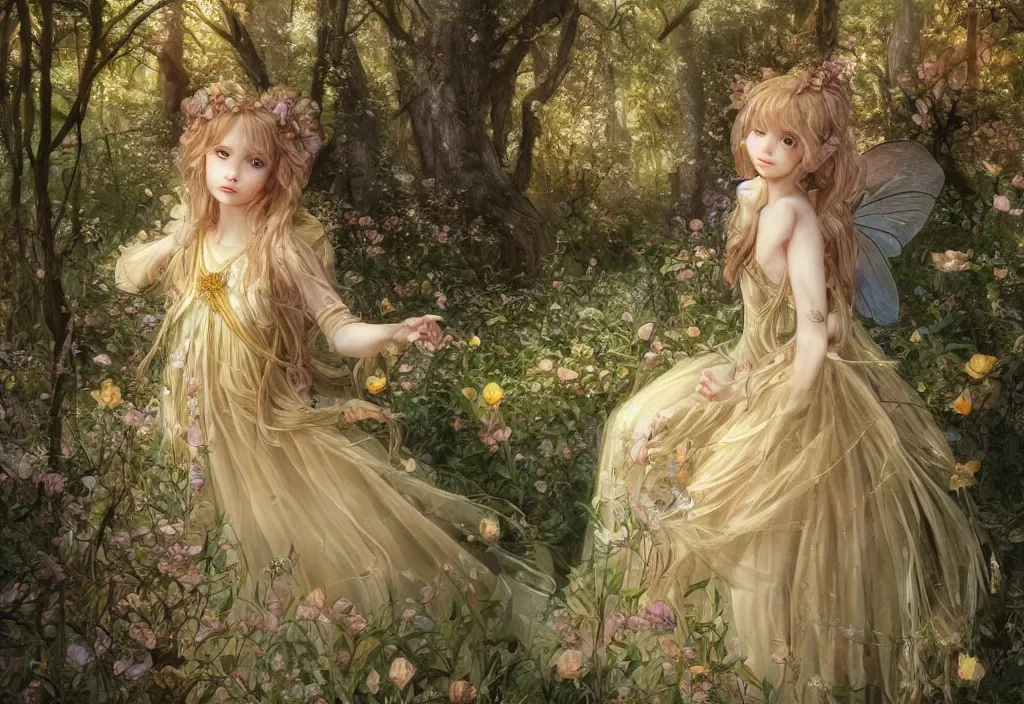 Prompt: breathtaking detailed soft painting of a little fairy princess in a luxurious twilight forest, by Ayami kojima, loputyn and matcha, golden rose dress of stained glass floating around, detailed realistyc symmetrical facial features, 8k, concept art, matte, sharp focus, rembrandt style