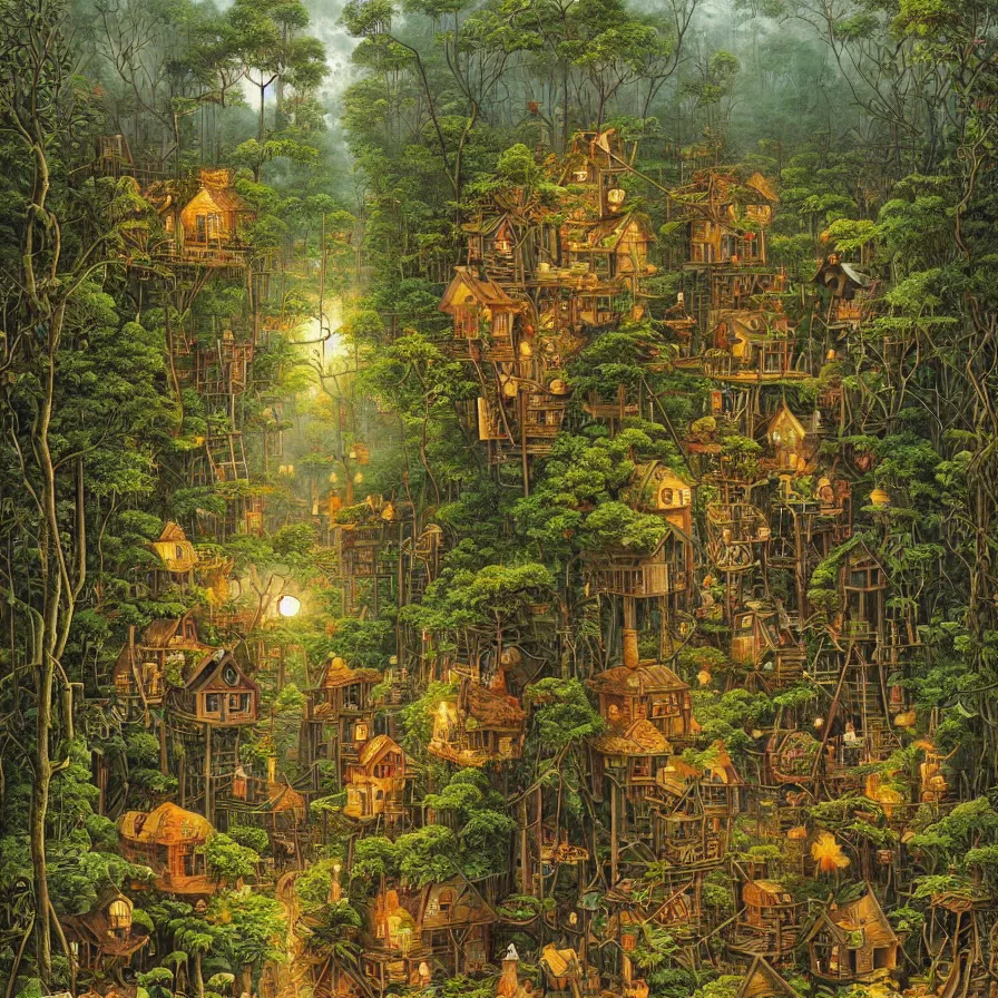 Image similar to a painting in the style of Jacek Yerka , a village on stilts is walking through the jungle at night