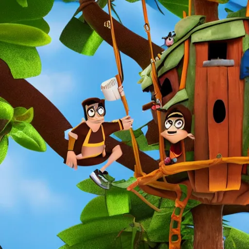 Prompt: Fanboy & Chum Chum3D scene hanging out with a monkey, in a tree house, Accurate characters 4k highly detailed