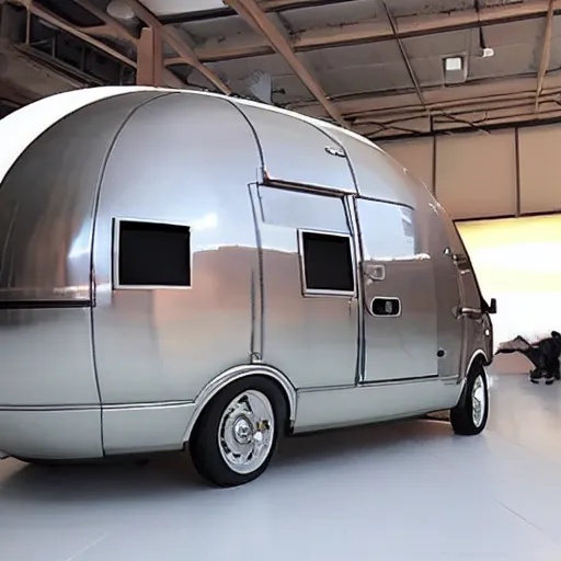 Image similar to an inflated stainless steel chrome Winnebago, solarpunk