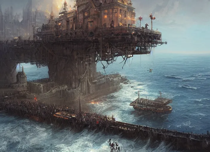 Prompt: A beautiful medieval metropolis built on a cliff overlooking the ocean, a large black pirate ship waiting in the pier. Fantasy digital painting by Greg Rutkowski