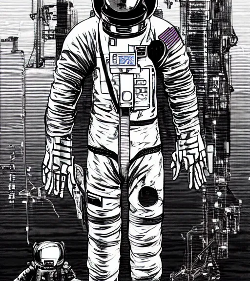 Image similar to cyberpunk japanese astronaut with long limbs and a black spacesuit on a spacewalk outside of their ship, techwear, Industrial Scifi, detailed illustration, character portrait, by Martin Grip and Moebius