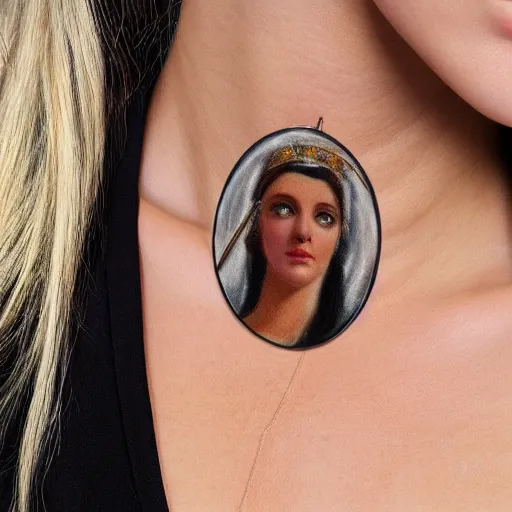 Image similar to necklace helen of troy on a young beautiful woman neck, hyper realistic,