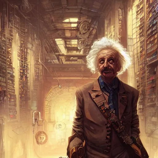 Prompt: Albert Einstein as a Cyborg in a Steampunk and Cyberpunk esque Library, illustration by Tony Sart and Greg Rutkowski, concept art trending on cgsociety