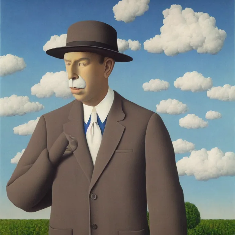 Image similar to portrait of a cloud man in a suit by rene magritte, detailed painting, hd, hq, high resolution, high detail, 4 k, 8 k