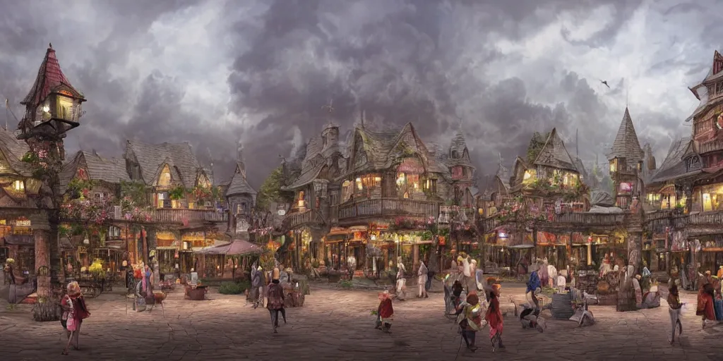 Prompt: beautiful matte painting of a fantasy town square