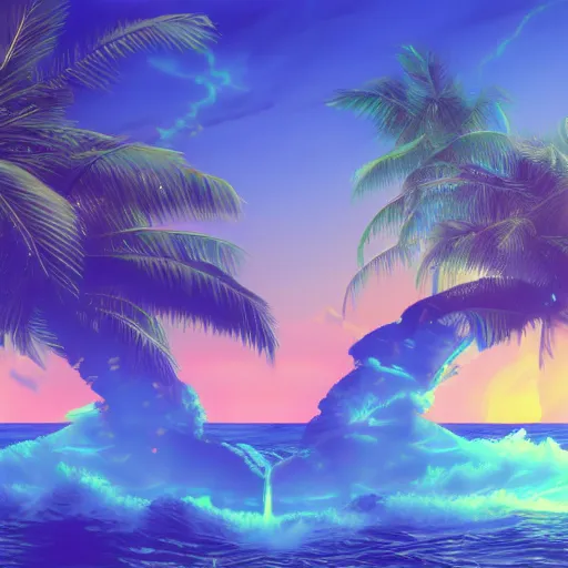 Image similar to a ancient pathway over the sea, vaporwave, retrowave epic art, trending on art station