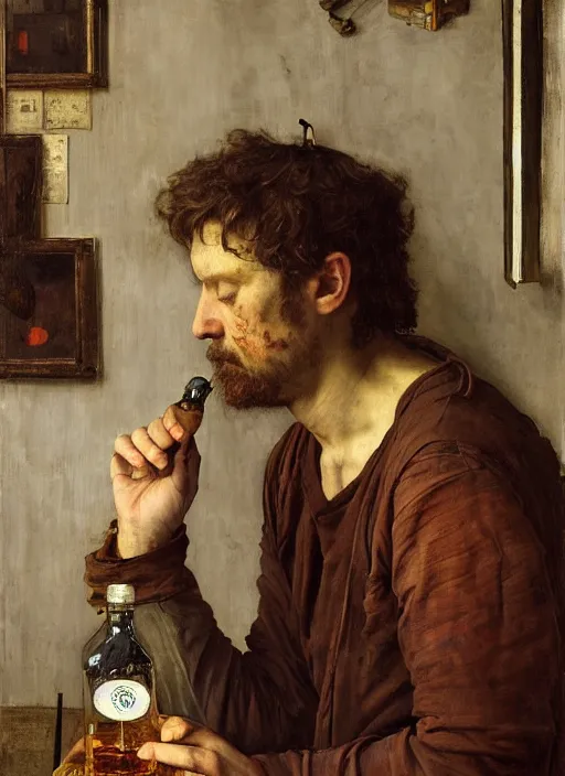 Prompt: an exhausted painter in his studio with a bottle of whisky, by edgar maxence and caravaggio and michael whelan and delacroix style, artistic, intricate drawing, light brazen, realistic fantasy, extremely detailed and beautiful aesthetic face, establishing shot, 8 k resolution, dramatic lighting