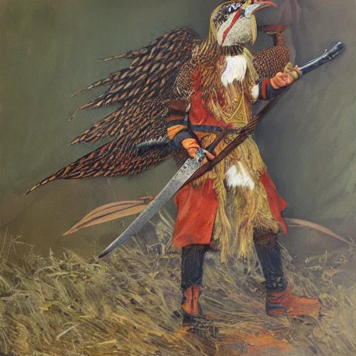 Image similar to Pheasant holding a sword, by lily seika jones , rivuletpaper art, very detailed, shot in canon, by Viktor Vasnetsov, oil painting, harsh fairy tale, soft style, hyperrealism, beautiful, high resolution, trending on artstation, steps 50