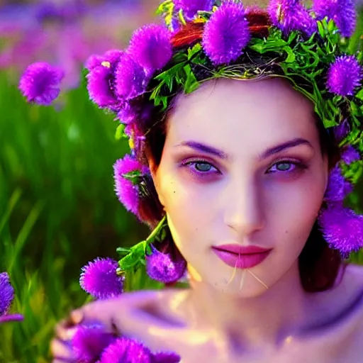 Prompt: Fine art photo of the most beautiful woman, she is turquish, she is posing while maintain a sweet eye contact to the camera, she has a crown of flowers, she has perfect white teeths, she is sitting on a field of lavader, she is getting ulluminated by the rays of the sunset, the photo was taking by Annie Leibovitz, Ellie Victoria Gale, Steve McCurry, matte painting, oil painting, naturalism, 4k, 8k