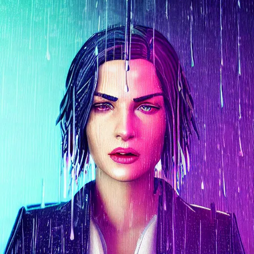 Image similar to stylish woman cartoon portrait made out of rain, pinstripe suit, cyberpunk background, rendered in octane, unreal engine, highly detailed, trending on artstation, realistic, neon, beautiful