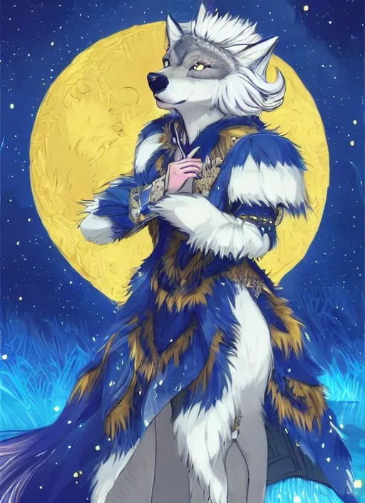 Prompt: commissioned full body portrait of a female anthro wolf princess fursona with a furry wolf head and white hair wearing a blue and gold Japanese armored dress in a white and gold palace on a starry night with a large crescent moon, by a professional manga illustrator, by Kilian Eng, by Sandra Chevrier, trending on artstation