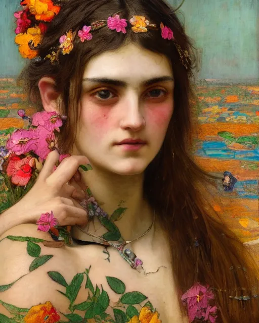 Image similar to close up of a beautiful girl with colourful tattoos surrounded by colourful flowers orientalist intricate portrait by john william waterhouse and edwin longsden long and theodore ralli and nasreddine dinet, oil on canvas. cinematic, hyper realism, dramatic lighting, high detail 8 k