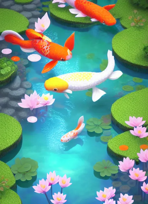 Image similar to sparkling pastel cute voxel art of a koi pond, behance, artstation, cute, Japanese, 3d render, unity, beautiful lighting, extremely beautiful, very beautiful award winning art Huang Guangjian and Gil Elvgren and Sachin Teng , Greg Manchess