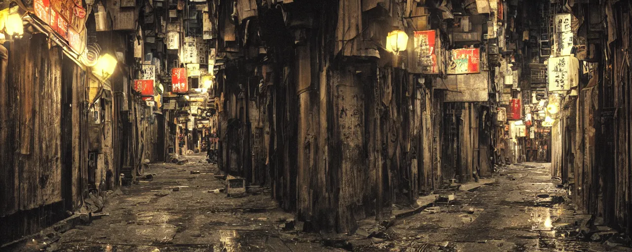 Image similar to digital painting, wideangle view of a narrow alley in kowloon walled city, dirty, sodium lights,evening, tungstem color balance, cinestill, street photography