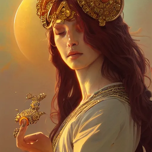 Prompt: portrait of the goddess of the sun, D&D, fantasy, intricate, elegant, highly detailed, digital painting, artstation, smooth, sharp focus, illustration, art by artgerm and greg rutkowski and alphonse mucha