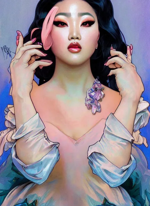 Image similar to kim chi, drag queen, painting by artgerm and greg rutkowski and alphonse mucha