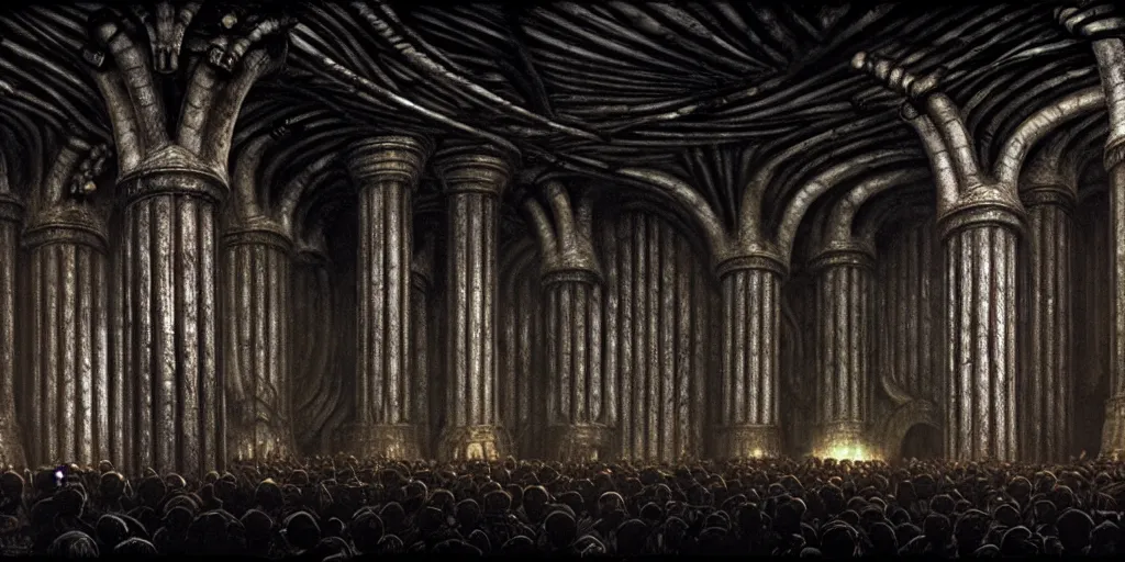 Image similar to balrog in the great hall of moria, columns along both sides of the great hall, style of h. r. giger, dark, cinematic