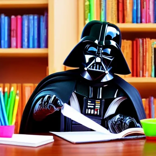 Image similar to Darth Vader studying at school, photo realistic, award-winning, highly-detailed