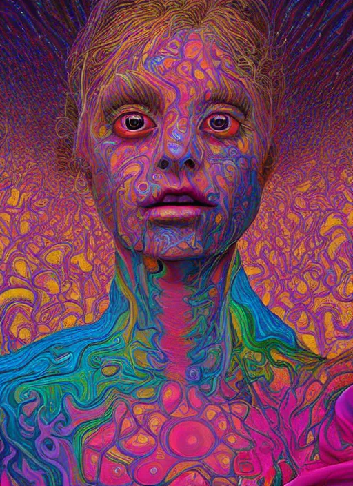 Image similar to portrait ultra dimensional woman, accidentally tripping on dmt and acid, psychedelic experience, overwhelming psychosis of self realization and burning awakening, ultra high definition, unreal engine 5, hyperrealism, masterpiece composition, by casey weldon, barclay shaw