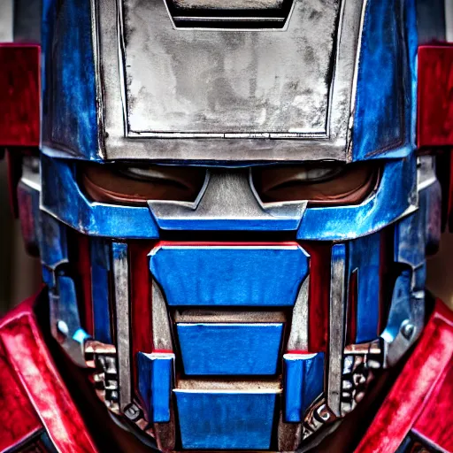 Image similar to A man dressed as Optimus prime, 8k, digital photograph