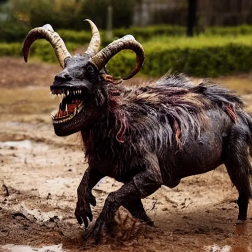 Image similar to horror, action photo, hd, depth of field, moody, a monstrous mutant goat creature is galloping across a muddy medieval village square in daylight, filthy matted fur, human eyes, disturbing, mutated, crocodile - like teeth