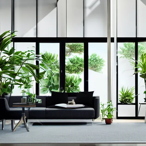 Prompt: a modern indoor room clean architecture, a couch, a couch table, some plants, daylight, peaceful, 8K octane render