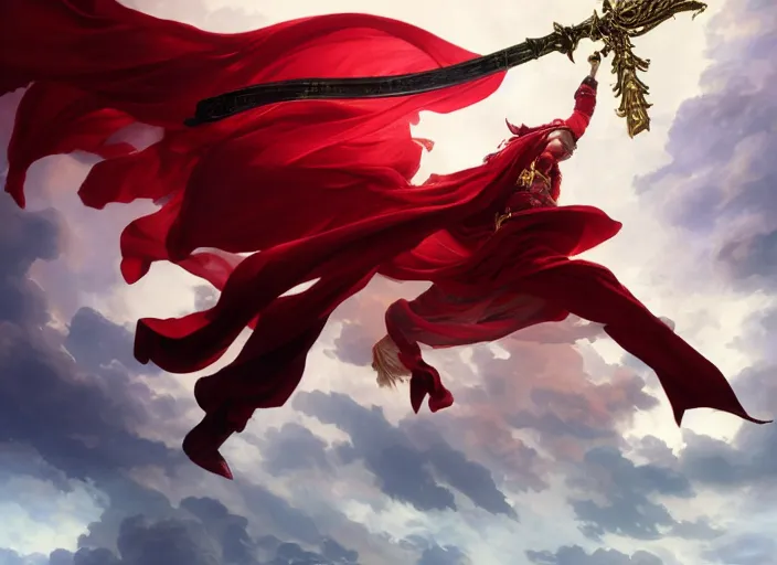 Image similar to A boisterous Red Mage wearing striped shining armor holding a staff of power surrounded by an epic cloudscape. The Magus Omega . Red Wizard. Morpheus. masterpiece. 4k digital illustration. by Ruan Jia and Artgerm and Andreas Rocha and William-Adolphe Bouguereau and Edmund Blair Leighton. award winning, Artstation, intricate details, realistic, Hyperdetailed, 8k resolution. Concept Painting. Key Art