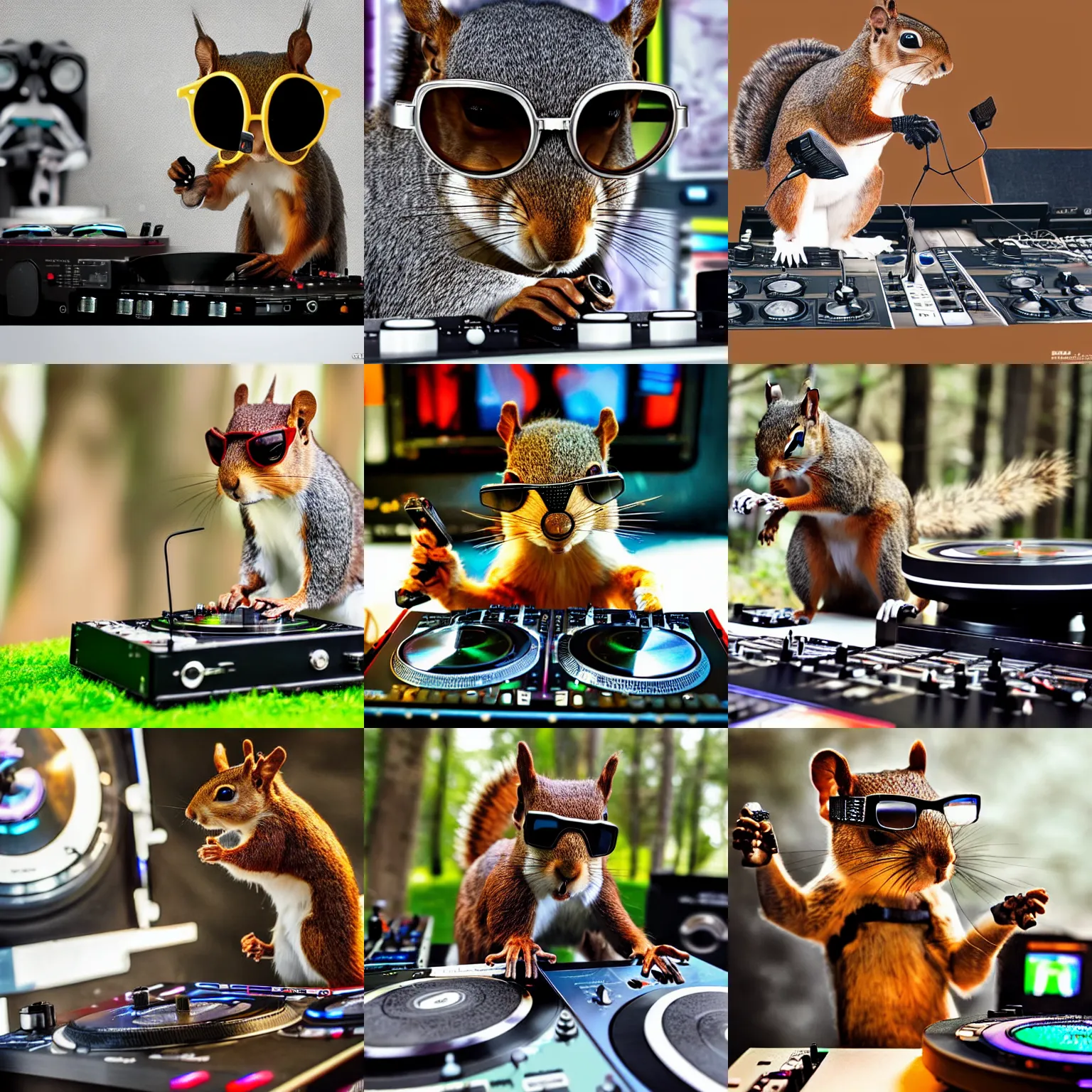 Prompt: a cyborg squirrel wearing heaphones and sunglasses DJing with DJ turntables, photoreal