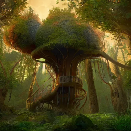 Prompt: futuristic treehouse in alien forest with unusual trees detailed luminescent magical realism painting 4k unreal engine