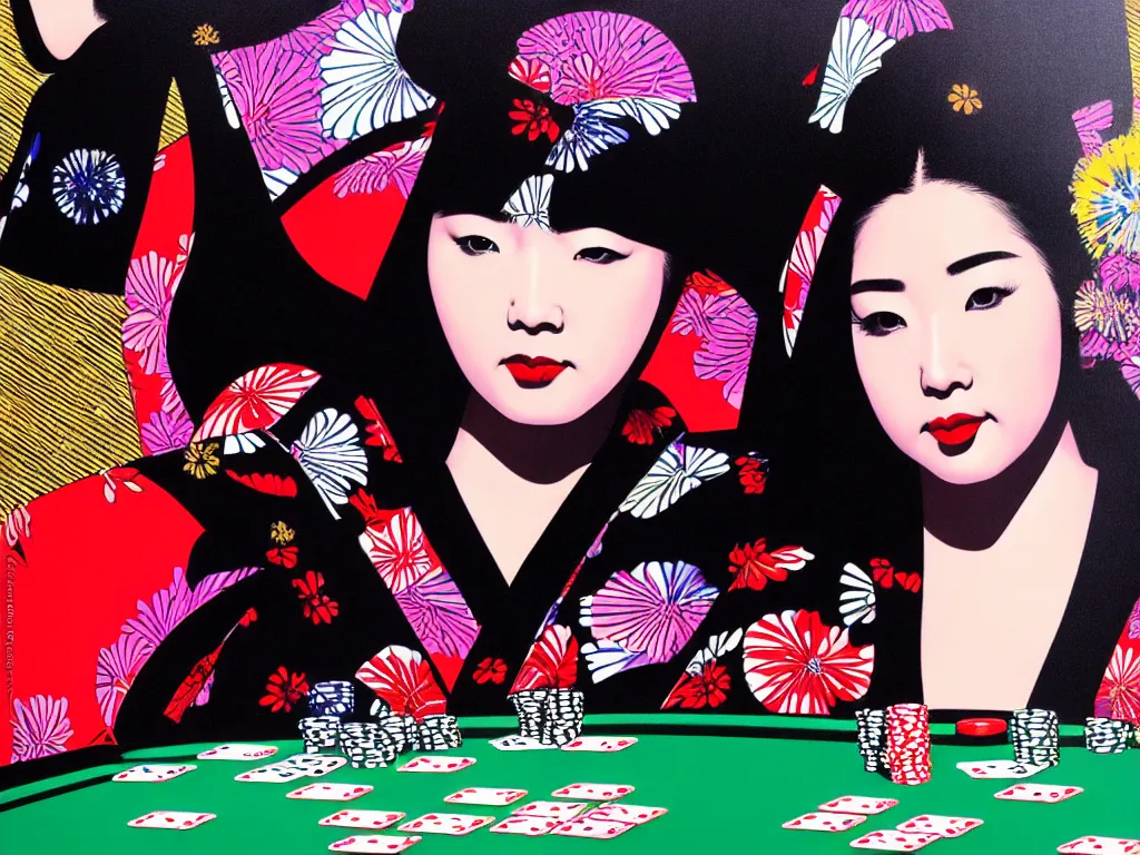 Image similar to hyperrealism composition of the detailed woman in a japanese kimono sitting at an extremely detailed poker table with darth vader, fireworks on the background, pop - art style, jacky tsai style, andy warhol style, acrylic on canvas