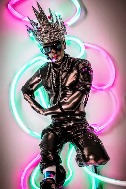 Image similar to full-body rococo and cyberpunk style neon statue of a muscular attractive Camilo wearing cholo shades macho dotado e rico android sim roupa reclining con las piernas abertas e la piroca dura, ethereal white dripping tar, glowing white lasers, pink tigers, glowing eyes, silver prince crown, black gears, pink diamonds, swirling mint-colored silk fabric. futuristic elements. full-length view. human skulls. large intricate artwork by caravaggio. Trending on artstation, octane render, cinematic lighting from the right, hyper realism, octane render, 8k, depth of field, 3D