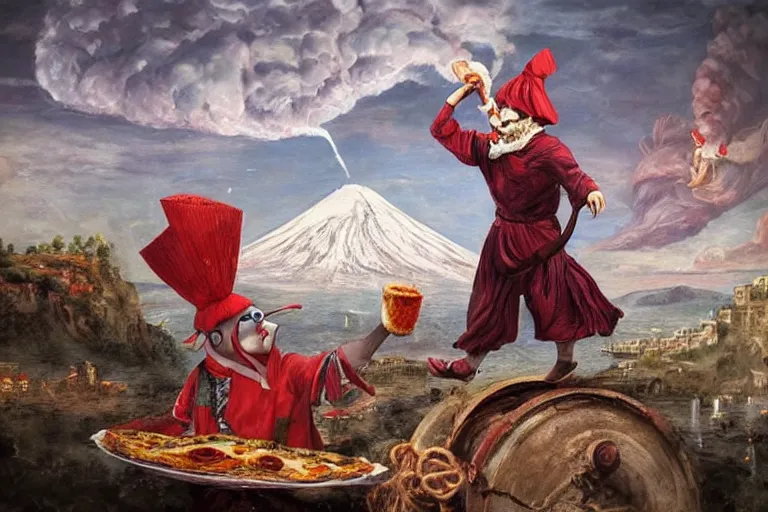 Image similar to a highly detailed pulcinella!!! from naples with pizza!! in the foreground, volcano in the background, full body, wide angle, an ultrafine detailed painting by achille superbi, post - apocalyptic vibe, trending on deviantart, whimsical, lowbrow, coherent, sharp focus, octane, masterpiece