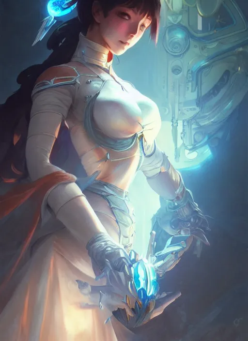 Prompt: beautiful anime gynoid, d & d, fantasy, intricate, elegant, highly detailed, digital painting, artstation, concept art, matte, sharp focus, illustration, hearthstone, art by artgerm and greg rutkowski and alphonse mucha