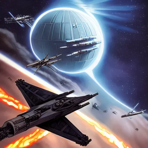 Prompt: x - wing battling tie fighers in front of the death star, ralph mcquarrie, concept art, trending on artstation