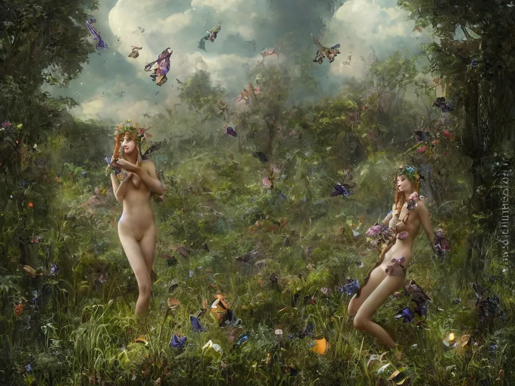 Image similar to a solarpunk very very very beautiful lush landscape of a the most beautiful nymph in a field are of broken stone words with cyborg workers picking up the broken stone and trying to put them back together, hyperrealistic, award-winning, masterpiece, in the style of Tom Bagshaw, Cedric Peyravernay, Peter Mohrbacher