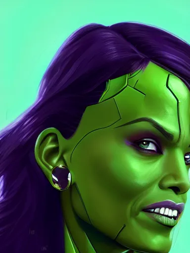 Prompt: gamora from guardians of the galaxy played by zoe saldana, portrait, digital painting, elegant, beautiful, highly detailed, artstation, concept art