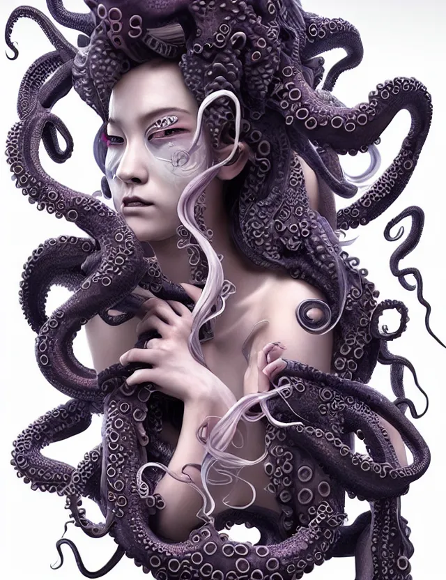 Image similar to 3 d goddess octopus half - turn portrait with long hair with ram skull. beautiful intricately detailed japanese crow kitsune mask and clasical japanese kimono. betta fish, jellyfish phoenix, bio luminescent, plasma, ice, water, wind, creature, artwork by tooth wu and wlop and beeple and greg rutkowski