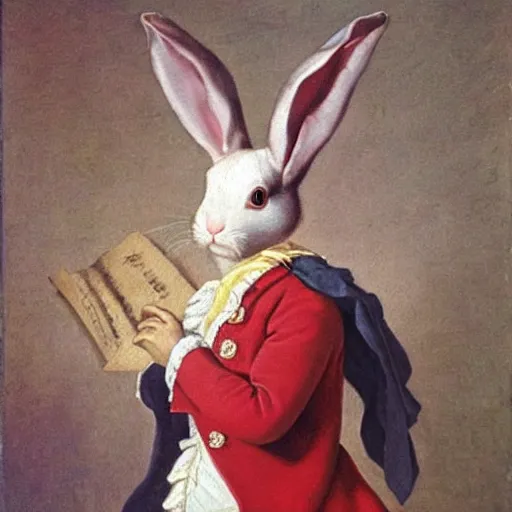 Image similar to a rabbit dressed as mozart, realistic oil painting 1 7 0 0 s