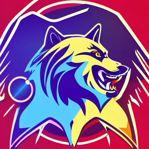 Prompt: a nice beautiful e-sports logo of a howling wolf with full moon, svg vector, blue and yellow, flat colors