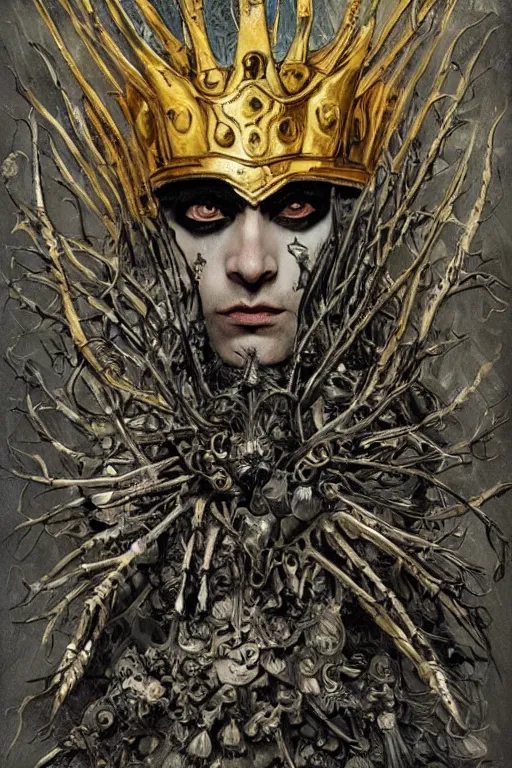 Image similar to The Knight of Bones by Karol Bak, Jean Deville, Gustav Klimt, and Vincent Van Gogh, portrait of a handsome vampire knight in armor, piercing grey eyes, ornate armor covered in thorns, bat wings, ornate dramatic bat wing helmet, hair made of shimmering ghosts, mystic eye, otherworldly, crown made of bones, catacombs, ornate jeweled crown, skulls, fractal structures, arcane, inscribed runes, infernal relics, ornate gilded medieval icon, third eye, spirals