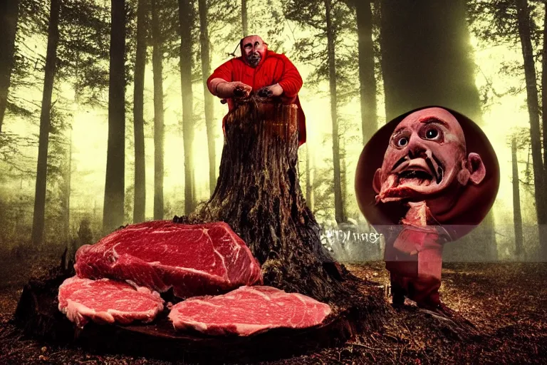 Image similar to big fat butcher with a scary face chops a piece of meat on the stump in a dark forest, night scene, old photo, scary, creepy, terrible atmosphere