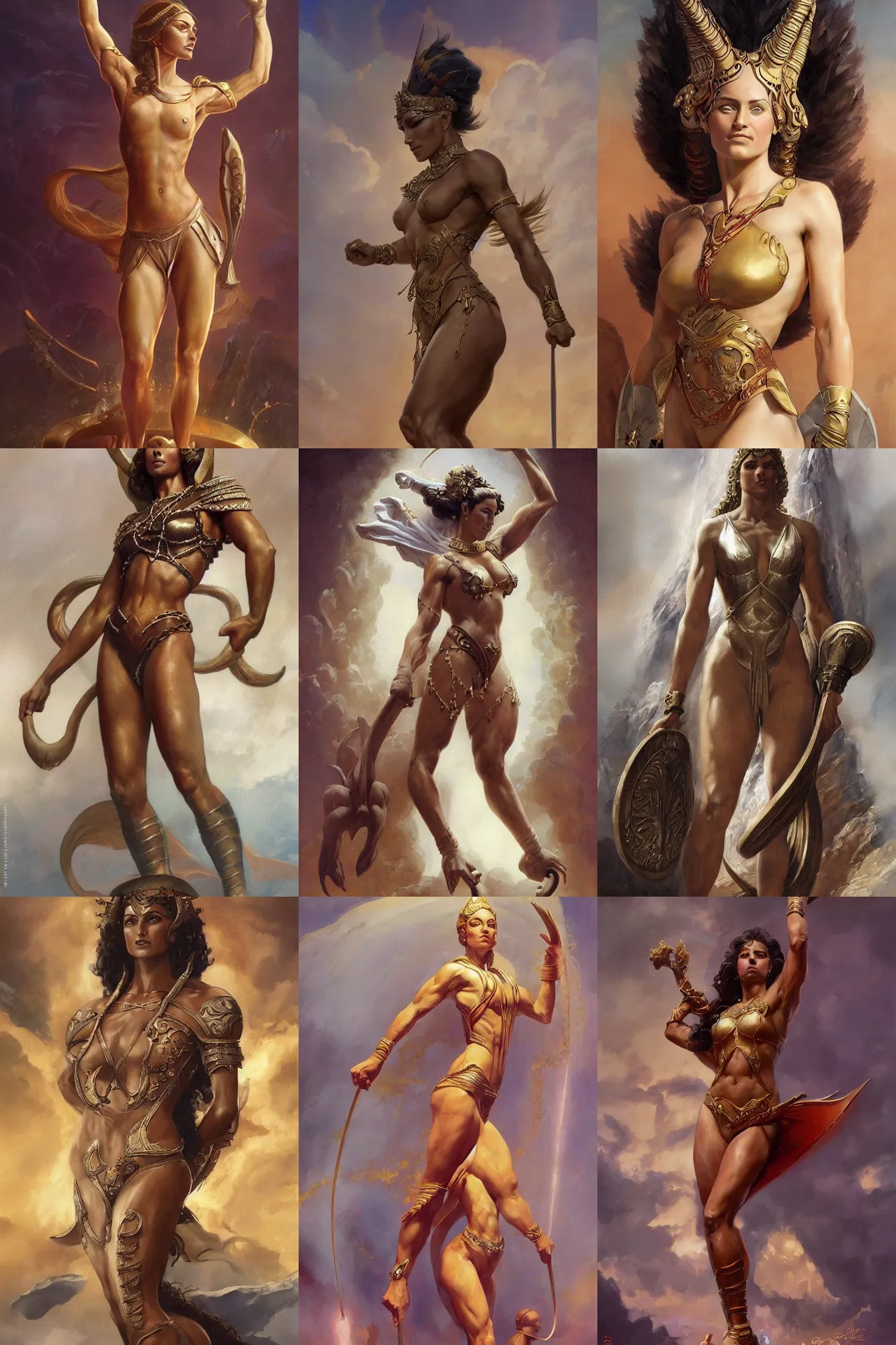 Prompt: A full length portrait of a goddess competing in the first olympic games, by Boris Vallejo, Greg Rutkowski, Frank Frazetta, epic fantasy character art, very very beautiful, olympus, Exquisite detail, post-processing, masterpiece, cinematic, coliseum