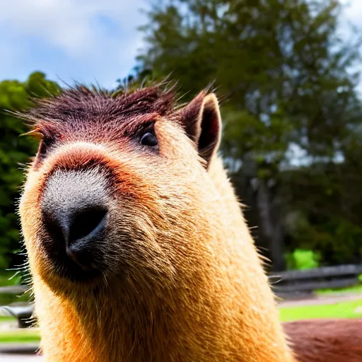 Prompt: a high quality photo of an antropomorphic capybara wearing a suit, 8k, digital art