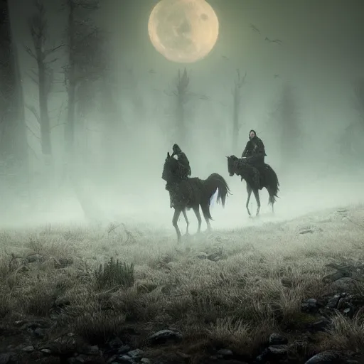 Image similar to the wild hunt, otherworldly spectres riding in the sky, wraiths of morhogg, bad omen, enchanted forest, blizzard storm, fog, full moon, snowy environment, in the style of the witcher series, hyperrealism, atmospheric, cinematic, breathtaking, award winning, groundbreaking, octane render, unreal 5, intricate digital art, sharp focus, 8 k high resolution